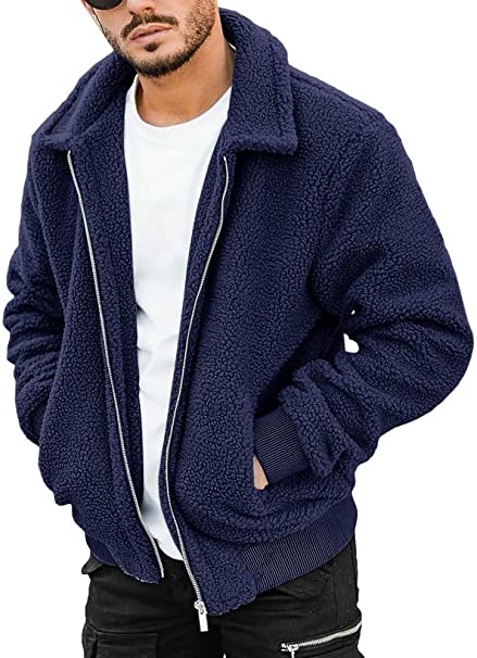 Mens Fuzzy Sherpa Jacket Fluffy Fleece Long Sleeve Full Zip Open Front Cardigan Fall Winter Outwear with Pockets