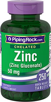 Piping Rock Chelated Zinc 50 mg 250 Quick Release Tablets Gluconate Dietary Supplement