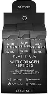 Codeage Multi Collagen and Biotin 10,000 mcg   Vitamin C, B6 & D3, Keratin, Hyaluronic Acid, Niacin, 18 Amino Acids - Stick Packs Supplement - 5 Types Collagen Protein – 30 Powder Packets