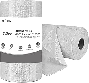 AIDEA Grey Microfiber Cleaning Cloth Roll-75PK, Reusable Paper Towels, Tear Away Towels, Washable Shop Rags, Microfiber Towels for Cars, Lint Free Cleaning Rags for House, Kitchen, Window-11.5"×11.5"