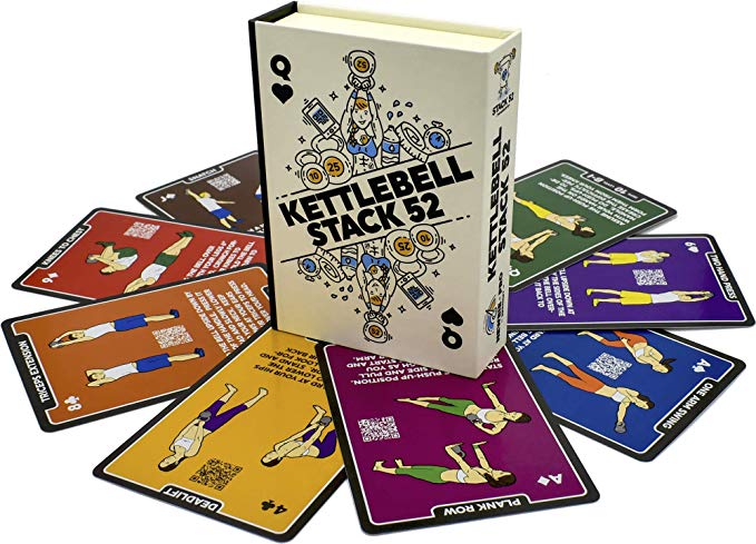 Stack 52 Kettlebell Exercise Cards. Workout Playing Card Game. Video Instructions Included. Learn Kettle Bell Moves and Conditioning Drills. Home Fitness Training Program.