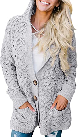 FARYSAYS Women's Open Front Hooded Knit Cardigan Button Down Long Sleeve Sweater Outwear Coat