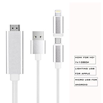 HDTV Cable, 10 feet 2 in 1 HDMI Adapter up to 1080P HD display-movies ,TV shows ,music,video ,audio ,photo and more from browser and etc for lightning& micro usb connector. (silver)