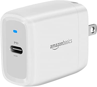 AmazonBasics 30W One-Port GaN USB-C Wall Charger for Tablets and Phones with Power Delivery - White