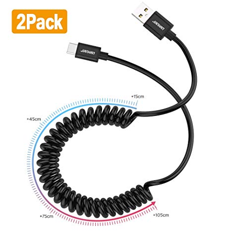 Coiled USB C Cable for Car,JianHan 2 Pack 5ft Fast Charging Spring USB Type C Charger Cable for Samsung Galaxy S9,S9 Plus,S8,S8 Plus,Note 8,Note 9,A3 (2017),A5 (2017),A7 (2017),A8 (2018),A8 ,LG G6 G5 V20 V30,OnePlus 2 3 3T 5 6,Google Pixel 2,Pixel 2XL,Pixel C (Black)