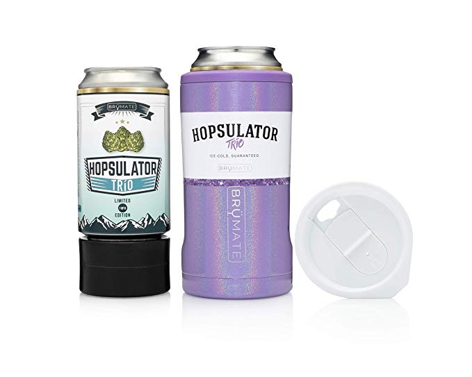 BrüMate HOPSULATOR TRíO 3-in-1 Stainless Steel Insulated Can Cooler, Works With 12 Oz, 16 Oz Cans And As A Pint Glass (Glitter Violet)