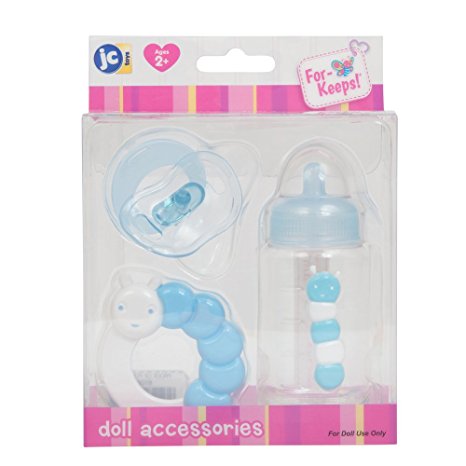 JC Toys JC Toys 3-Piece BLUE Accessory Gift Set includes Bottle, Pacifier, and Rattle Fits Most Dolls - Ages 2  - Designed by Berenguer Boutique Baby Doll, Blue