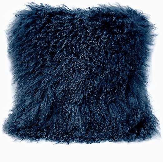 Gentle Nature 100% Real Mongolian Lamb Fur Curly Wool Pillow Cushion,Home Decorative Sheepskin Throw Pillow with Insert Included,16x16in,Blue