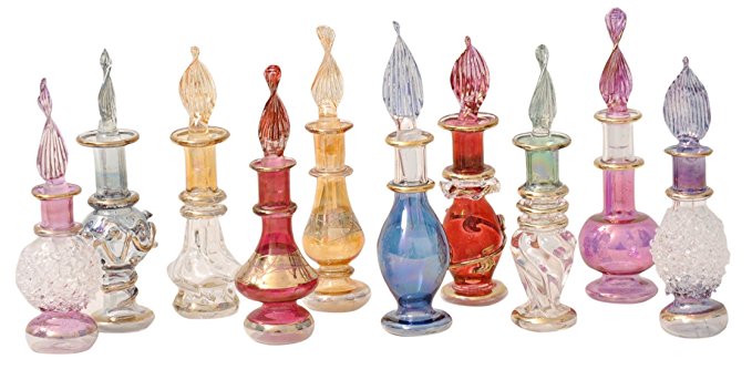 CraftsOfEgypt Genie Blown Glass Miniature Perfume Bottles for Perfumes & Essential Oils, Set of 10 Decorative Vials, Each 2" High (5cm), Assorted Colors
