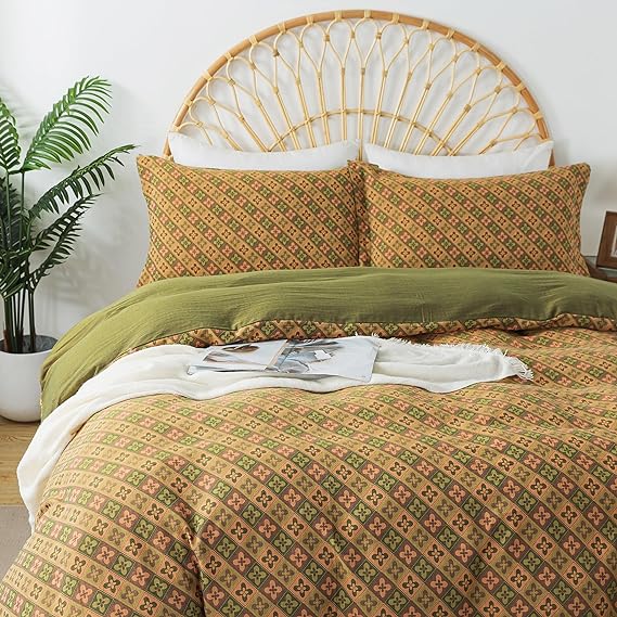 Softta Vintage Khaki Green Plaid Small Flower Pattern Bedding Set 100% Washed Cotton Queen Size 3Pcs Duvet Cover Set Double-Layer Yarn Washed Cotton Boho Bedding