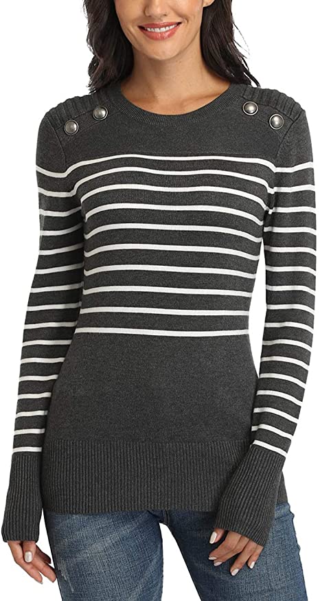 Dilgul Women Crewneck Striped Knit Sweaters Long Sleeves Casual Military Pullover Tops