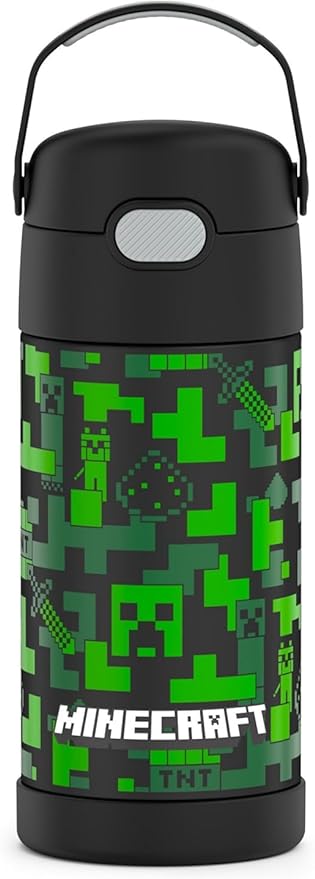 THERMOS FUNTAINER 12 Ounce Stainless Steel Vacuum Insulated Kids Straw Bottle, Minecraft (F4101MI6)