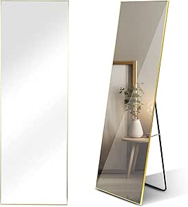 YSSOA Full Length Mirror, Floor Mirror with Stand,Wall-Mounted Dressing Mirror, Bedroom Mirror with Aluminium Frame 65"x22", Gold