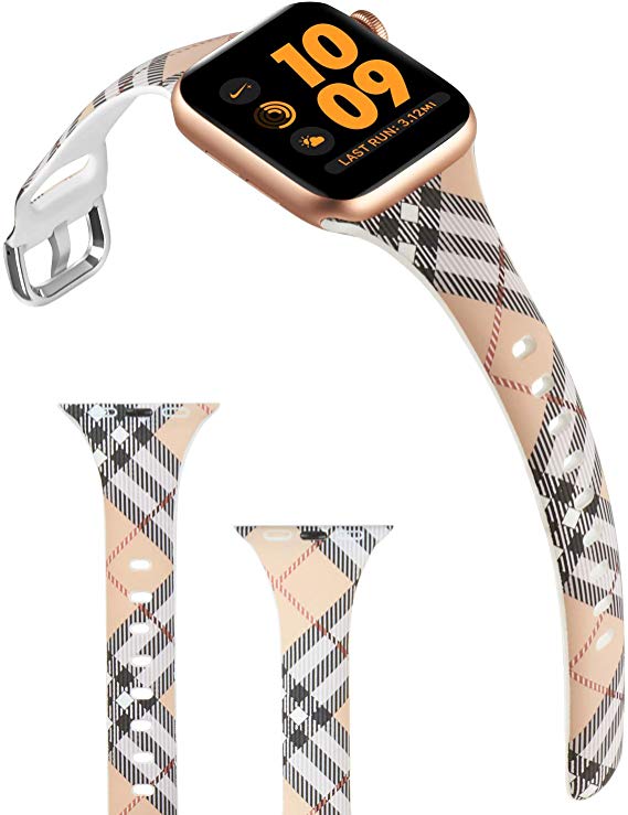 ACBEE Compatible with Apple Watch Band 38mm 40mm 42mm 44mm for Women Small Large, Slim Narrow Floral Bands for Apple Watch Series 5/Series 4/Series 3/Series 2/Series 1 (Khaki Grid, 38mm/40mm)