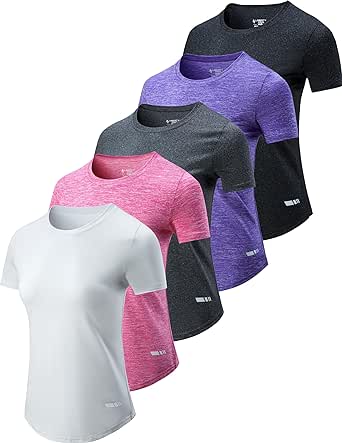 5 Pack: Womens Dry Fit Workout Shirts, Short Sleeve Athletic Gym Tshirts, Ladies Active Long Tees Bulk