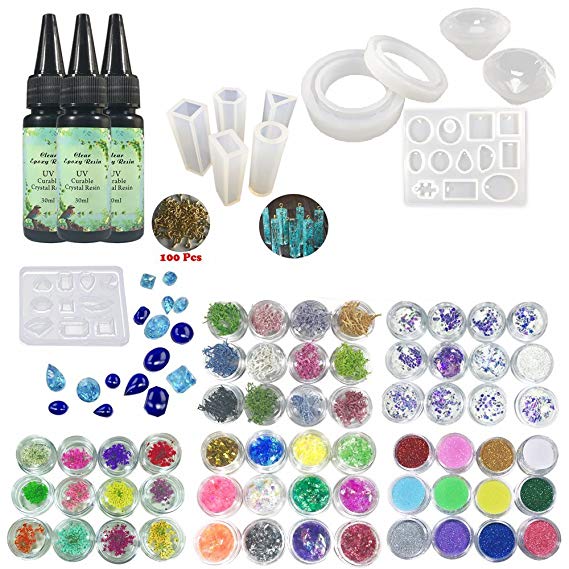 UV Epoxy Resin Jewelry Kit Cristal Non-Toxic, 3 Epoxy   11 Molds 31 Shapes   100 Rings   12 Dried Flowers   12 Coral Flowers   12 Glassines   12 Holographic Paper   12 Glitters Pigment Powder