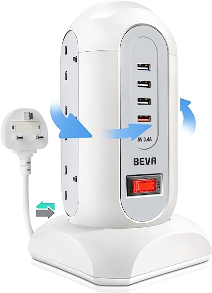 Tower Extension Lead, BEVA Surge Protected Extension Lead with 4 USB Slots 9 AC Outlets, UK Tower Power Strip with 1.65M Retractable Cable, Multi Plug Extension Socket with Switch for Home Office
