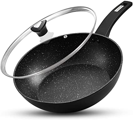 12” Stir Fry Pans with Lids, Nonstick Wok Pan with Ergonomic Handle and Flat Bottom, Frying Skillet with APEO & PFOA-Free Stone-Derived Non Stick Coating, CSK Frying Pan