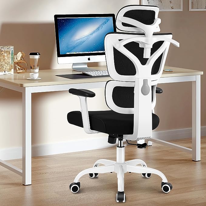 Winrise Office Chair Ergonomic Desk Chair, High Back Gaming Chair, Big and Tall Reclining Chair Comfy Home Office Desk Chair Lumbar Support Breathable Mesh Computer Chair Adjustable Armrests (White)