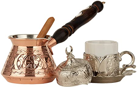 DEMMEX 6 Pcs Turkish Greek Coffee Set for 1 with Engraved Copper Pot and Heavy Duty Cup Saucer Lid and Spoon (Copper & Silver)