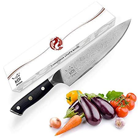 KOI Artisan 8-Inch Japanese Chef’s Knife, Professional Razor Sharp Damascus Kitchen Knife in Gift Box