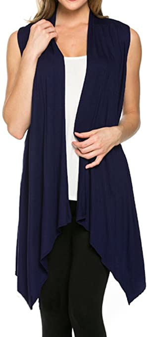 Azules Women's Solid Color Sleeveless Asymetric Hem Open Front Cardigan