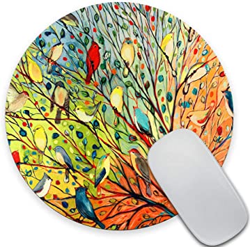 SSOIU Round Gaming Mouse Pad Custom Design, Gorgeous Illustration Painting 16 Birds Stand on The Tree, 7.87X7.87 Inch (200mmX200mmX3mm) Non-Slip Rubber Mousepad Mat