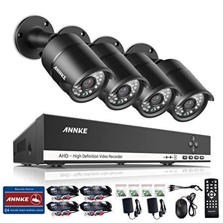 ANNKE 8CH AHD-720P DVR/1080P NVR & 1TB Hard Drive with (4) HD 1280720 CCTV Cameras, IP66 Weatherproof Meatal Housing, Day/Night Vision