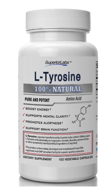 1 L Tyrosine by Superior Labs - 100 Pure 500mg 120 Vegetable Capsules - Made In USA 100 Money Back Guarantee