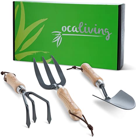 OCALIVING 3-Piece Gardening Hand Tool Set - Heavy Duty Garden and Planting Kit Essential for Beginners.Sharp, Strong, Durable Steel Planter Accessories with Ergonomic Solid Ash Wood Handles.