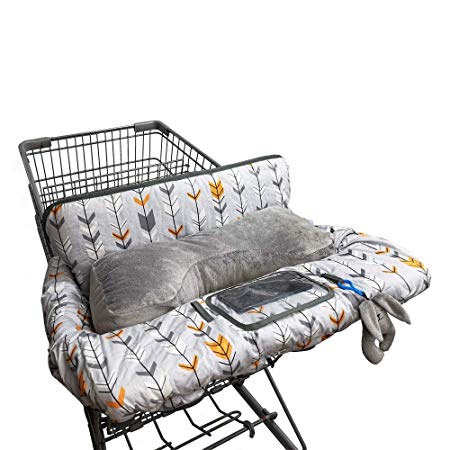 Shopping Cart Cover for Baby Cotton, Minky Bolster Positioner, 6.5" Cellphone Holder and Toy, High Chair Cover for Boy Girl,Infant Grocery Cart Cushion Liner Large