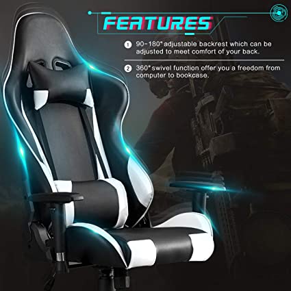 YOUTHUP Gaming Chair, Ergonomic Office Chair 90-180 Degree Recliner, Computer Chair with Headrest and Lumbar Support, Retractable Arms and Seat Height (White)