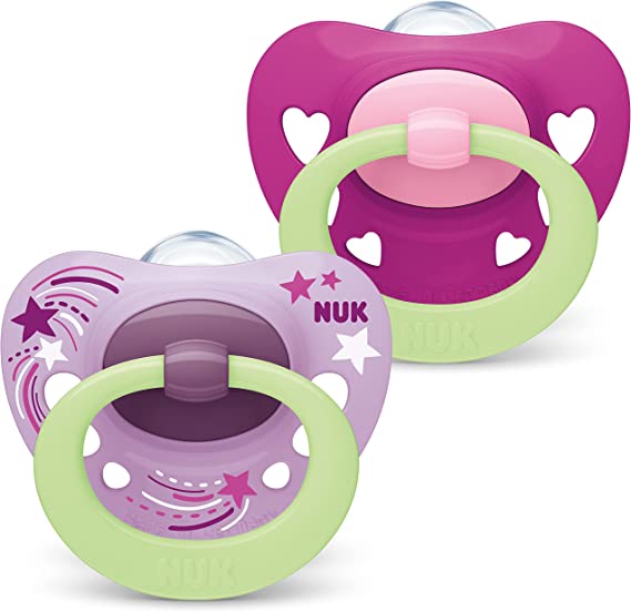 NUK Signature Night Baby Dummy | 0-6 months | Glow in the Dark Soothers | BPA-Free Silicone | Purple Hearts | 2 Count