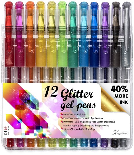 Glitter Gel Pens Set - 40% More Ink for Adult Coloring Books and Art and Crafts with Comfort Grip - Gel Ink pens for Drawing Writing Scrapbooking and Journaling (Set of 12)