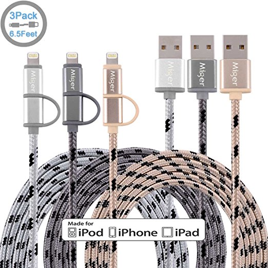 Miger (3Pack) 6.5FT 2 in 1 Lightning and Micro USB Cable Nylon Braided Sync and Charging Cable Cord for iPhone, iPad /iPod and Samsung, Nexus, Nokia, Sony & more (Gold Gray Silver)