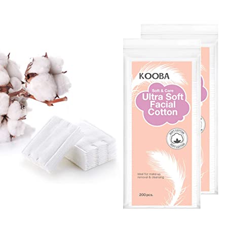KOOBA Premium Soft Facial Cotton Pad Square for Skin Care, Makeup Removal and Cleasing, Hypoallergenic, Lint-Free and 100% Pure Cotton, 400 Count, 50 X 60 mm, 2 Pack