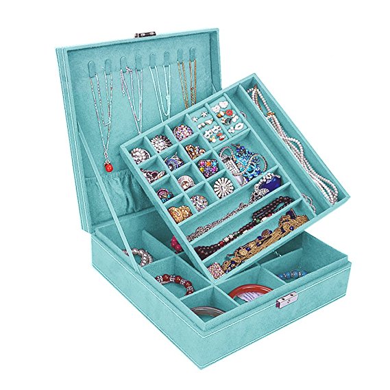 Opret Jewelry Organizer with Lock, Two-Layer Lint Jewelry Box Jewelry Storage Case for Girls and Women (Light Blue)