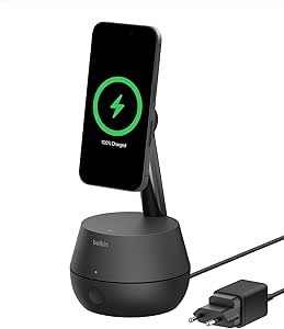 Belkin Support de téléphone Rotatif Pro avec détection Automatique et DockKit, Chargeur sans Fil MagSafe 15 W, Rotation à 360°, pour iPhone 15, 14, 13, 12, Adaptateur Secteur CA et câble de Recharge