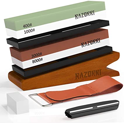 Razorri Sharpening Stone Set, Double-Sided 400/1000 and 3000/8000 Grit with Sharpening Stone, Angle Guide, Bamboo Base, Leather Strips for Metal Blade Sharpening and Polishing (Angled Base)