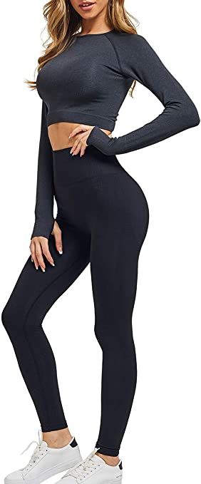 FLYCHEN Women's 2-Piece Yoga Set Long Sleeve Top With Thumb Hole High Waist Pants Gym Tracksuit Fitness Sportwear