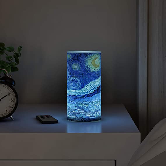 Lavish Home 80-FC1008 LED Starry Night Candle with Remote Control Timer Van Gogh Art on Vanilla Scented Realistic Flickering or Steady Flameless Light-Decor