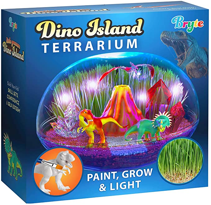 Little Growers Dinosaur Terrarium Kit for Kids with Neon Paint and LED Lights - Plant and Grow Mini Light Up Garden - Science and Craft Kits for Boys and Girls - STEM Age Gardening Gifts and Toys