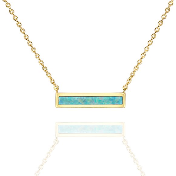 PAVOI 14K Gold Plated Thin Bar Green/White Created Opal Necklace Pendant 16-18"