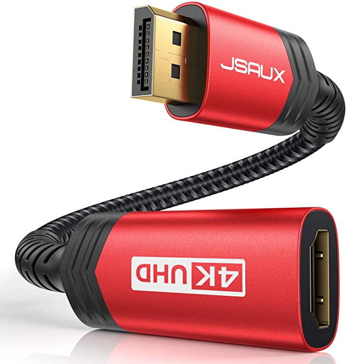 4K 60Hz DisplayPort to HDMI Adapter Cable, JSAUX [Nylon Braided, Aluminum Shell] DP Display Port to HDMI Adapter Male to Female for Monitor, TV, Computer, Laptop, Graphics/Video Card(Red)