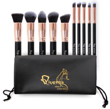 Qivange Makeup Brushes, Premium Synthetic Kabuki Makeup Brush Set Foundation Eyeshadow Blush Concealer Powder Brush Kit   Pouch ( 10pcs, Black with Rose Gold)