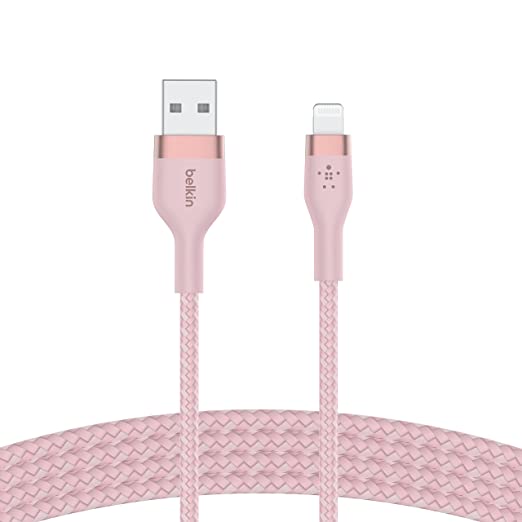 Belkin BoostCharge Pro Flex Braided USB Type A to Lightning Cable (2M/6.6FT), MFi Certified Charging Cable for iPhone 14, 13, 12, 11, Pro, Max, Mini, SE, iPad and More - Pink