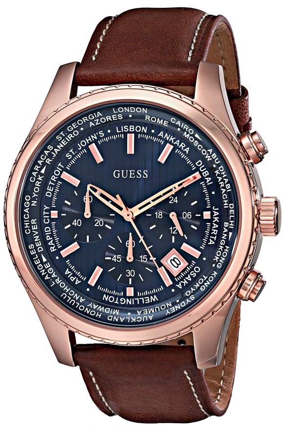 GUESS Men's U0500G1 Rose Gold-Tone Stainless Steel Watch with Honey Brown Leather Band