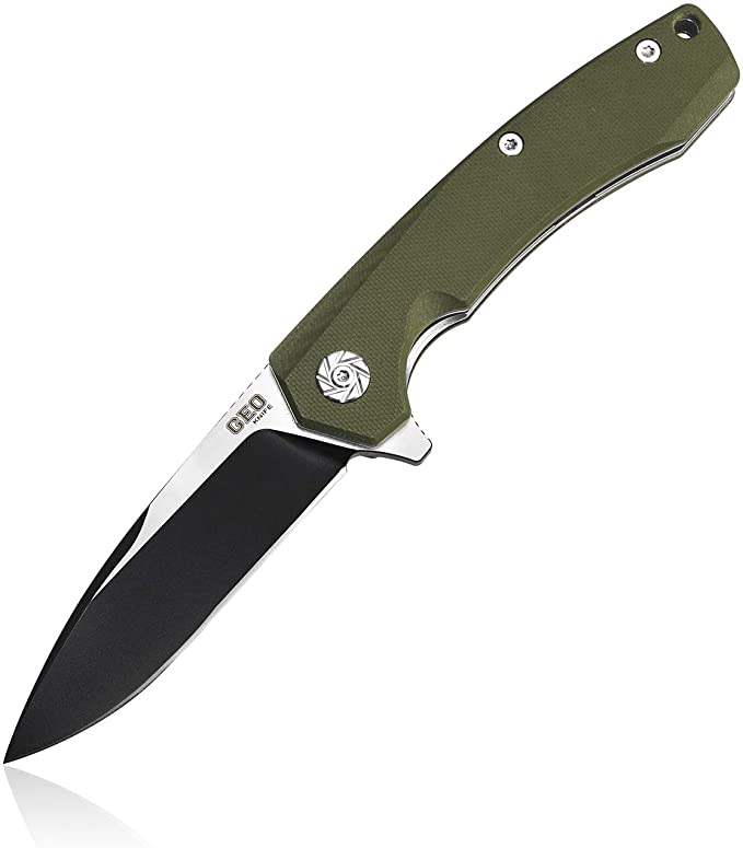 Geo 901 Folding Pocket Knife 3.3in Drop Point D2 Blade with Flip Open, Durable G-10 Handle with S.S Clip & Lanyard Ideal for Outdoor Hiking Camping and Everyday Carry (OD Green/Coated)