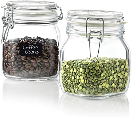 Bormioli Rocco Glass Fido Jars - 25 ¼ Ounce (0.75 L) with hermetically Sealed hinged Airtight lid for Fermenting, Preserving, Bulk - dry Food Storage, With Paksh Novelty Chalkboard Label Set (2 Pack)