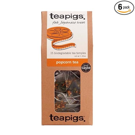 teapigs Popcorn Genmaicha Tea Bags, 15 Count x 6 Boxes, Green Tea with Toasted Rice, Nutty Sugar Puffs in a Cup, Caffeinated